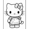 A black and white outline illustration of a cartoon cat character with a bow on its head, wearing a polka-dotted outfit and backpack, standing upright with an adorable expression.