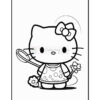 A cartoon character with cat-like features, wearing a dress with polka dots, holding two flowers and a butterfly net, adorned with a bow on its head, against a plain white background.