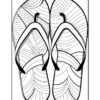 A black and white drawing of a pair of flip-flops, featuring detailed wavy patterns on the soles and straps, set against a rectangular border.