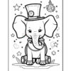 A cartoon-style elephant wearing a top hat with a clock, standing on wheels, surrounded by stars and whimsical elements, designed for coloring.