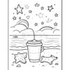 A line drawing of a beach scene featuring a drink cup with a straw, a small dog, and two starfish on the sand. The backdrop includes ocean waves and clouds, with stars and hearts scattered in the sky and a boat in the distance.