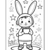 A cute cartoon child wearing a bunny hoodie, holding a device, surrounded by stars and whimsical trees in a coloring page style.