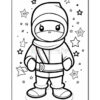 A cute cartoon ninja standing in a starry background, wearing a hood and scarf, with large expressive eyes and a simple outfit, outlined for coloring.