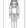 A black and white line art illustration of an ancient Egyptian pharaoh standing upright, wearing a traditional headdress and ornate clothing with intricate patterns, including a kilt and jewelry, with a neutral expression.