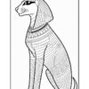 A black and white illustration of a stylized cat with an Egyptian headdress and decorative patterns on its body, sitting gracefully.