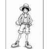 A black and white illustration of a young boy wearing a straw hat, a casual jacket, and shorts. He has dark spiky hair and is standing with a confident posture, wearing large shoes and a necklace. The background is plain, emphasizing the character.