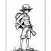A cartoon character standing confidently, wearing a wide-brimmed straw hat, a short-sleeved jacket over a fitted shirt, and loose shorts. He has a playful expression, holds a prop on his side, and stands barefoot with a backpack slung over one shoulder.