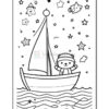 A cartoon bear wearing a hat and scarf is waving from a small sailboat on gentle waves. The background features scattered stars and celestial objects.