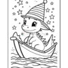 A cartoon dinosaur wearing a striped party hat happily sitting in a small boat on wavy water, surrounded by stars in the sky.