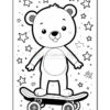 A cartoon bear character standing on a skateboard with its arms outstretched, surrounded by stars in a playful black and white coloring page.