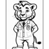 A cartoon lion character standing confidently with a smile, dressed in a police officer's uniform, featuring a badge and a tie, with its arms crossed.