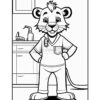 A cartoon lion character wearing a doctor's outfit with a stethoscope around its neck, standing confidently in a kitchen setting with a cabinet and sink in the background. The image is black and white and appears to be designed for coloring.