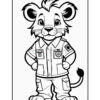 A cartoon lion character dressed in a police uniform, featuring a short-sleeved shirt with multiple pockets and a badge, standing with hands on hips and a friendly expression, set against a simple white background.