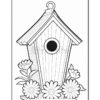 A black and white illustration of a birdhouse with a round entrance hole, detailed with vertical lines, surrounded by stylized flowers and leaves at the base.