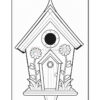 A decorative outline of a birdhouse featuring a pointed roof, a round entrance hole, and a small door at the front. The design includes two large flowers on either side and foliage at the base, all outlined for coloring purposes.