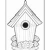 A simple line drawing of a birdhouse with a rounded entrance hole, a peaked roof made of shingles, and surrounded by flowers at the base on a circular platform.