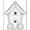 A whimsical, black-and-white outline drawing of a birdhouse with a pointed roof, a circular entrance, and two large daisies on either side at the base.