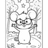 A cartoon mouse with glasses, standing with its arms outstretched, surrounded by trees, a path, and stars in a playful outdoor scene. The image is outlined for coloring.