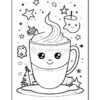 A cartoon-style cup of hot cocoa with whipped cream on top, featuring a smiling face. Surrounding the cup are whimsical elements like stars, a drink with a straw, a cookie, a small tree, and other playful designs, all outlined for coloring.