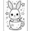 A cute, cartoon-style bunny with large ears is sitting in a cup filled with a bubbly drink, surrounded by stars and sparkles against a white background.