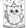 A cartoon-style owl wearing a party hat, holding a book in one wing, perched on an open book, surrounded by stars and a whimsical background.