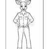 A cartoon deer character standing upright, wearing a collared shirt with two pockets and pants, with antlers on its head, and hands on its hips.