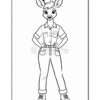 A cartoon deer character standing confidently with hands on hips, wearing a short-sleeve button-up shirt, belted pants, and shoes. The illustration is in black and white, designed for coloring.