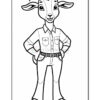 A cartoon goat character standing with arms crossed, wearing a button-up shirt and jeans, with a confident expression. The illustration is in black and white, designed for coloring.