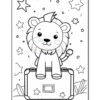 A cartoon lion sitting on a suitcase, surrounded by stars and plants in a playful scene. The lion has a friendly expression, with big eyes and a fluffy mane.