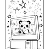 A cartoon panda sitting inside a computer monitor, holding a pencil and surrounded by water, with stars and a cosmic background featuring various celestial objects.