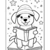 A cartoon-style puppy wearing a striped hat, sitting on top of a large open book while reading. Surrounding the puppy are stars and small dots representing a whimsical night sky.