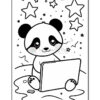 A cartoon panda sitting on a patch of ground, using a laptop, surrounded by stars in a simple, uncolored design suitable for coloring.