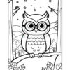 A black and white cartoon outline of an owl wearing glasses, perched on a branch surrounded by trees, with a night sky featuring stars in the background.