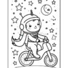 A cartoon-style illustration of a child wearing a space helmet and a bodysuit, riding a bicycle amidst stars and a crescent moon in a simple, black-and-white coloring page design.