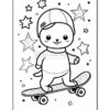 A cute cartoon animal character, wearing a baseball cap, skateboards among stars in a playful design meant for coloring.