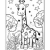 A black and white coloring page featuring a cartoon giraffe with star-shaped patterns on its body, surrounded by trees, plants, and stars in the sky.
