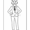 A cartoon fox character dressed in a formal suit with a tie, standing with hands on hips, exuding confidence.