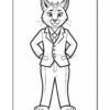 A cartoon cat dressed in a formal suit, standing with arms crossed and a confident expression. The image is outlined for coloring, showing distinct features like pointed ears and whiskers.