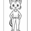 A cartoon-style feline character standing with hands on hips, wearing a collared shirt and pants, with a striped tail and prominent ears, suitable for coloring.
