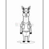 A cartoon llama standing upright, wearing a shirt with pockets and pants, smiling at the viewer, outlined in black and presented on a white background.