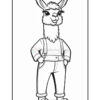A cartoon llama character standing upright, wearing denim overalls with rolled cuffs and a long-sleeved shirt, appearing cheerful with a friendly expression.
