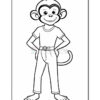 A cartoon monkey standing upright with a cheerful expression, wearing a short-sleeved shirt and pants, with hands on hips and a long tail curled behind.