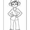 A cartoon monkey character wearing a sailor-style cap and a short-sleeved shirt with a pocket, standing with hands on hips and wearing pants and shoes, outlined for coloring purposes.