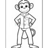 A cartoon monkey character standing with hands on hips, wearing a buttoned shirt and pants, smiling broadly. The image is in black and white, suitable for coloring.