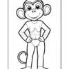 A cartoon monkey character standing with hands on its hips, wearing a fitted outfit, with a friendly smile and large ears, depicted in a black-and-white coloring page style.