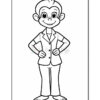 A cartoon monkey character standing upright, wearing a suit and smiling, with a playful expression, highlighting its big eyes and ears, and has bare feet.
