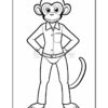 A cartoon monkey character, standing with hands on hips, wearing a button-up shirt and pants, outlined for coloring. The monkey has a cheerful expression with large eyes and rounded ears.