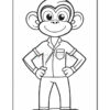 A cartoon-style outline of a smiling monkey character standing confidently, wearing a button-up shirt and pants, with hands on hips.
