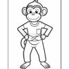 A cartoon monkey standing with hands on hips, wearing a t-shirt with a pocket and pants, smiling confidently.