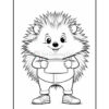 A cartoon hedgehog with a cheerful expression, holding a blank sheet of paper, wearing a shirt and pants with sneakers.